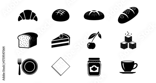 Black and white bakery icons with bread, pastries, and kitchenware