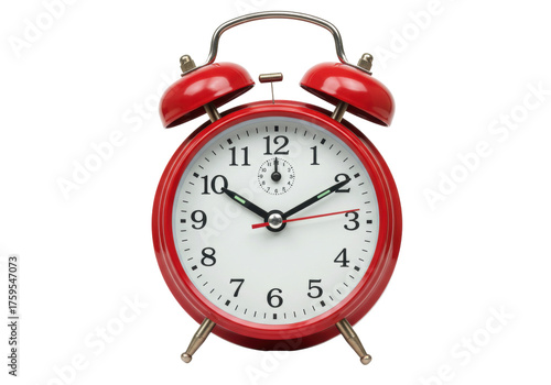 Red alarm clock PNG isolated on transparent background, vintage style timepiece for reminders and time management