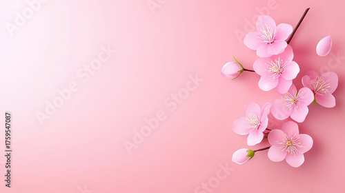 Pink cherry blossom flowers with petals on soft pastel background create delicate and peaceful springtime atmosphere