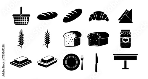 Silhouette set of bakery and breakfast essentials icons collection