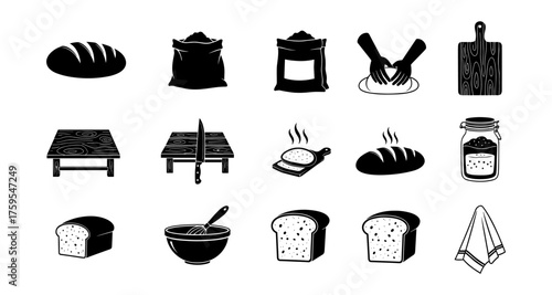Black and white baking icons set with bread, dough, and kitchen tools