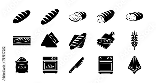 Silhouette bakery icons set: bread, oven, wheat, knife, flour, and more