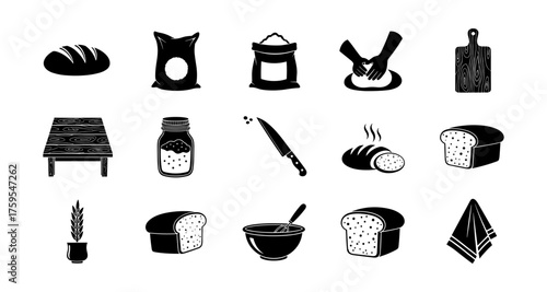Bakery icons set: bread, baking tools, and ingredients in black silhouette style