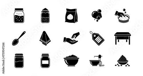 Essential kitchen icons: containers, tools, and ingredients in bold silhouette design