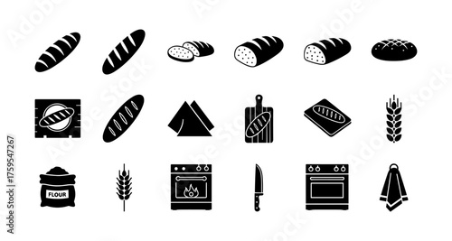 Silhouette icons of bread and kitchen elements: bakery essentials collection