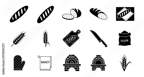 Black and white bakery icons featuring bread, wheat, and baking tools in silhouette style
