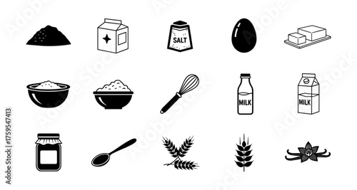 Minimalist baking ingredients icons: flour, milk, eggs, salt, vanilla, and more in monochrome set