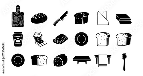 Stylish kitchen icons set: bread, cutlery, and tableware in bold silhouette design