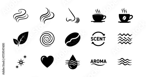 Aromatic icons set featuring coffee, spice, and nature elements in minimalist design
