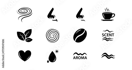 Minimalist black icons representing smell and aroma elements
