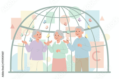 Smiling seniors enjoying colorful butterflies in a vibrant aviary representing joy and tranquil leisure