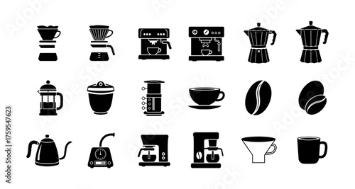 Silhouette icons of coffee makers and accessories for modern cafes