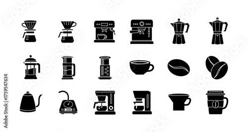 Silhouette icons of coffee makers and accessories for modern cafes