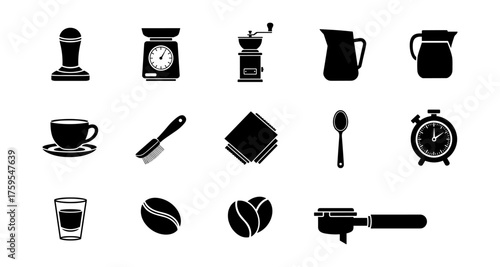 Coffee making essentials silhouette set featuring cups, grinders, scales, and utensils in black