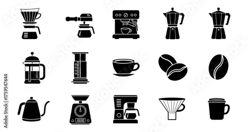 Coffee equipment icons: modern silhouette set of brewing tools and accessories