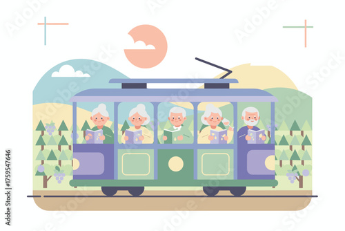 Happy seniors enjoying a leisurely tram ride through scenic vineyards reading books