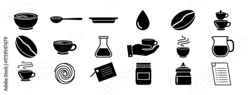 Coffee icons set: cups, beans, brewing tools in silhouette style for cafes and coffee lovers