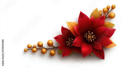Red flower with golden leaves and berries on white background, elegant decoration with vibrant colors and festive mood