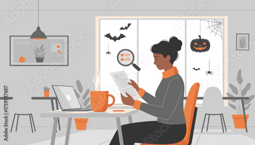 Professional woman working in a Halloweendecorated home office reviewing papers with a magnifying glass concept