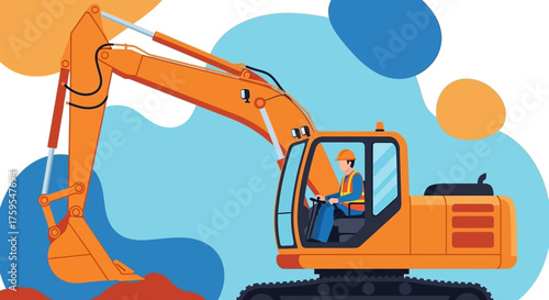 Construction worker operating a heavy excavator on a site representing development and industry