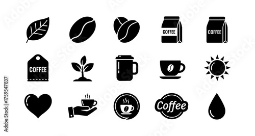 Coffee icons collection: silhouette designs of beans, cups, and more
