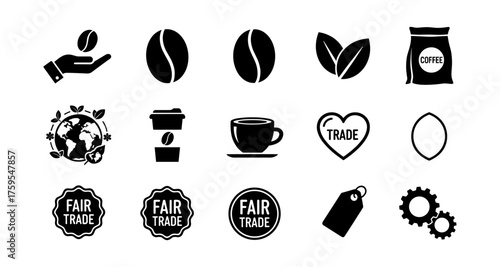 Coffee icons: fair trade and eco-friendly silhouettes for organic products
