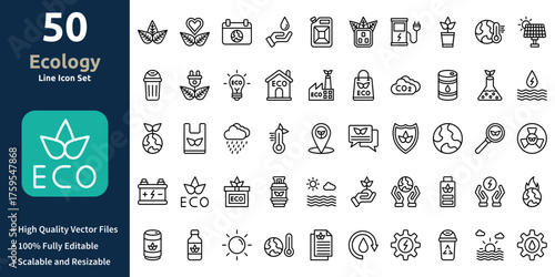 Ecology icon set in Outline style. Minimilist and trendy Icon set. Containing Icons,Leaf,Heart,Earth day,Save water,Eco fuel,Eco socket,and so on.