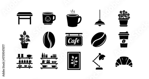 Cafe icons set: silhouette coffee mugs, lamps, plants, and kitchen elements