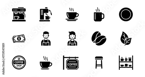 Coffee shop essentials: silhouette icons of equipment and beverages for cafe design