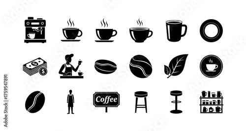 Coffee shop elements: silhouette icons for cafeteria decor