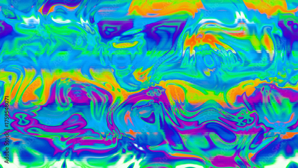 Fototapeta premium Abstract psychedelic glitch waves with neon colors, distorted digital fluid texture and VHS scanline effect