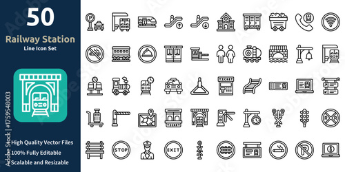 Railway Station icon set in Outline style. Minimilist and trendy Icon set. Containing Icons,Parking, Bus stop, Train, Escalator up, Escalator down, Railway station,and so on.