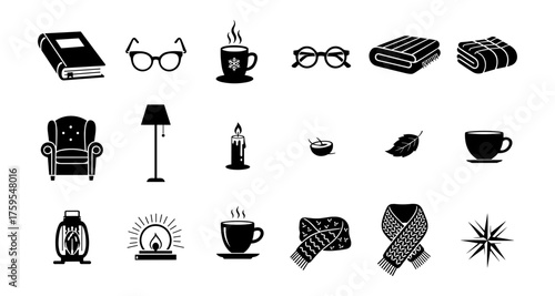 Cozy winter essentials icons for home and leisure time in black and white silhouette style