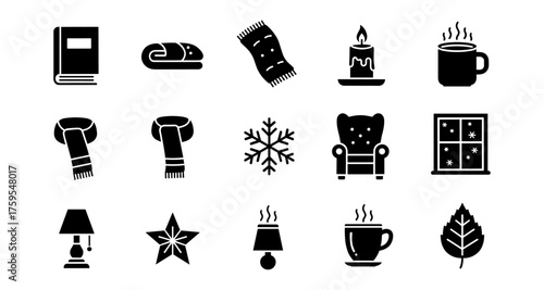 Cozy winter silhouettes: books, warm scarves, and hot beverages