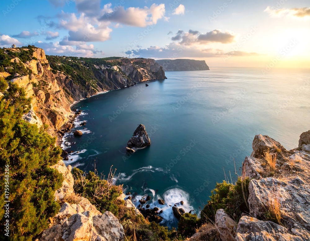 Fototapeta premium Coastal view featuring rugged cliffs, deep blue ocean, a solitary rock island, and a bright sunset with clouds