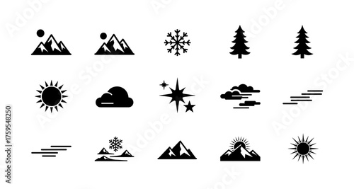 Minimalist nature icons collection featuring mountains, trees, and weather elements
