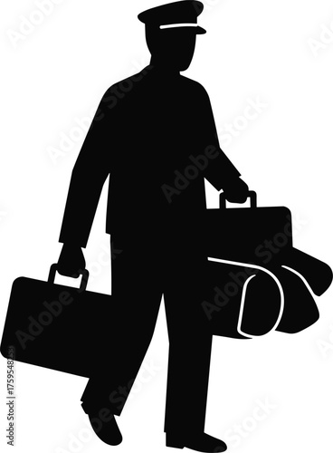 Porter carrying luggage silhouette cartoon illustration, symbolic service and expressive gesture artwork for travel and hospitality design