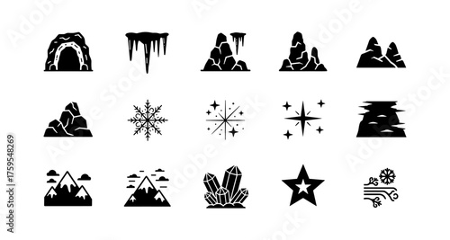 Silhouette winter mountain icons and symbols for cold season designs