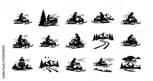 Winter adventure silhouettes: snowmobile rides in scenic mountain landscapes