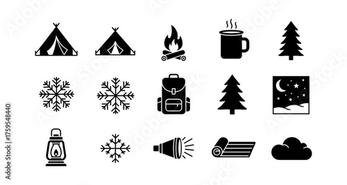 Camping adventure icons: silhouette collection for outdoor and winter activities