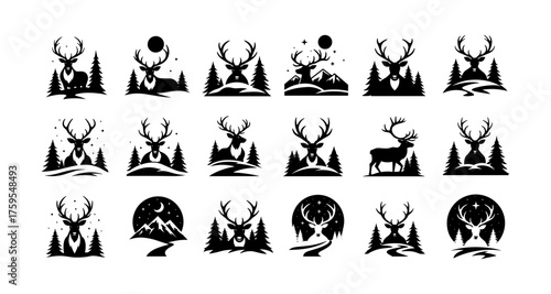 Majestic deer silhouettes in nature with mountains and trees