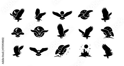 Owl silhouette icons collection: nocturnal bird designs for nature art