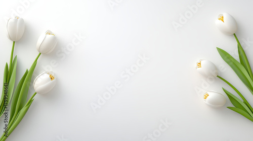 White tulip flower with green leaf on white background, fresh spring nature concept with copy space for text or design