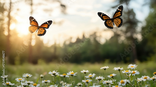 Fototapeta Naklejka Na Ścianę i Meble -  Butterflies flying above wildflowers in sunlight create joyful scene in nature