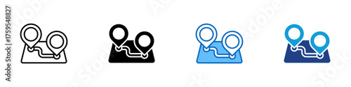 Route Map Multiple Style Icon Design Vector - Two map markers connected by a path representing a travel route or navigation direction