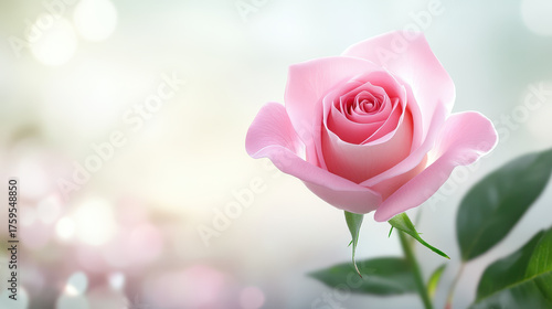 Soft pink rose flower with green leaves and blurred background creating delicate and romantic atmosphere