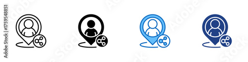 Share Location Multiple Style Icon Design Vector - Person inside map pin with connected nodes representing social or shared location