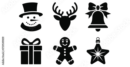 Set of six black Christmas silhouette icons: snowman head, reindeer, bell, gift box, gingerbread man, and star ornament on white background