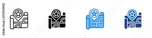 Favorite Place Multiple Style Icon Design Vector - Map with a pin containing a star symbol showing a marked or favorite destination