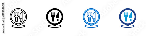 Food Location Multiple Style Icon Design Vector - Map pin with fork and knife symbol representing restaurant or dining area